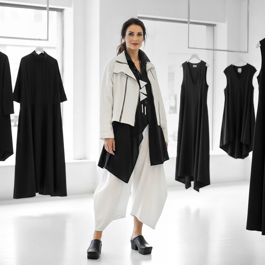 Eine sehr stilvoll gekleidete junge Frau steht erwartungsvoll in einer Boutique 