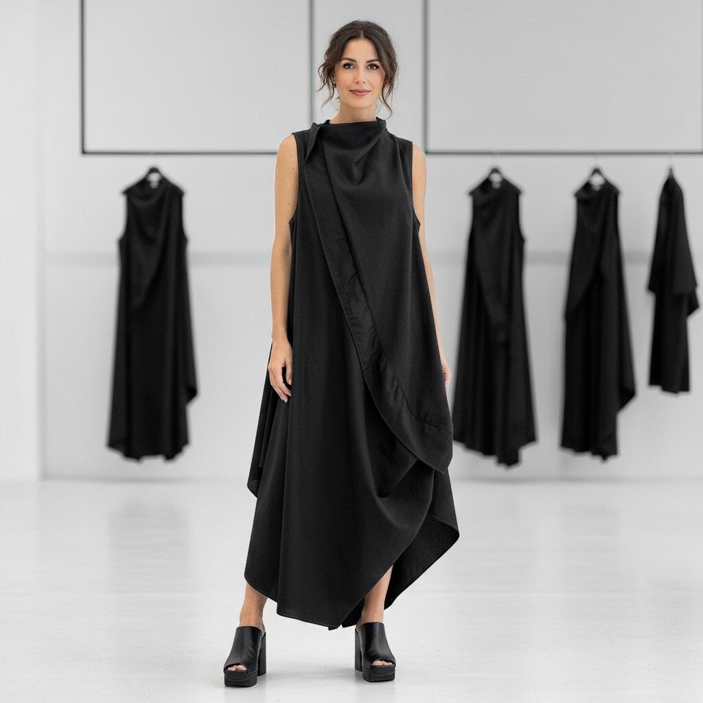 Eine hübsche Frau steht in einem kreativen Outfit in einem exklusiven  Modegeschäft