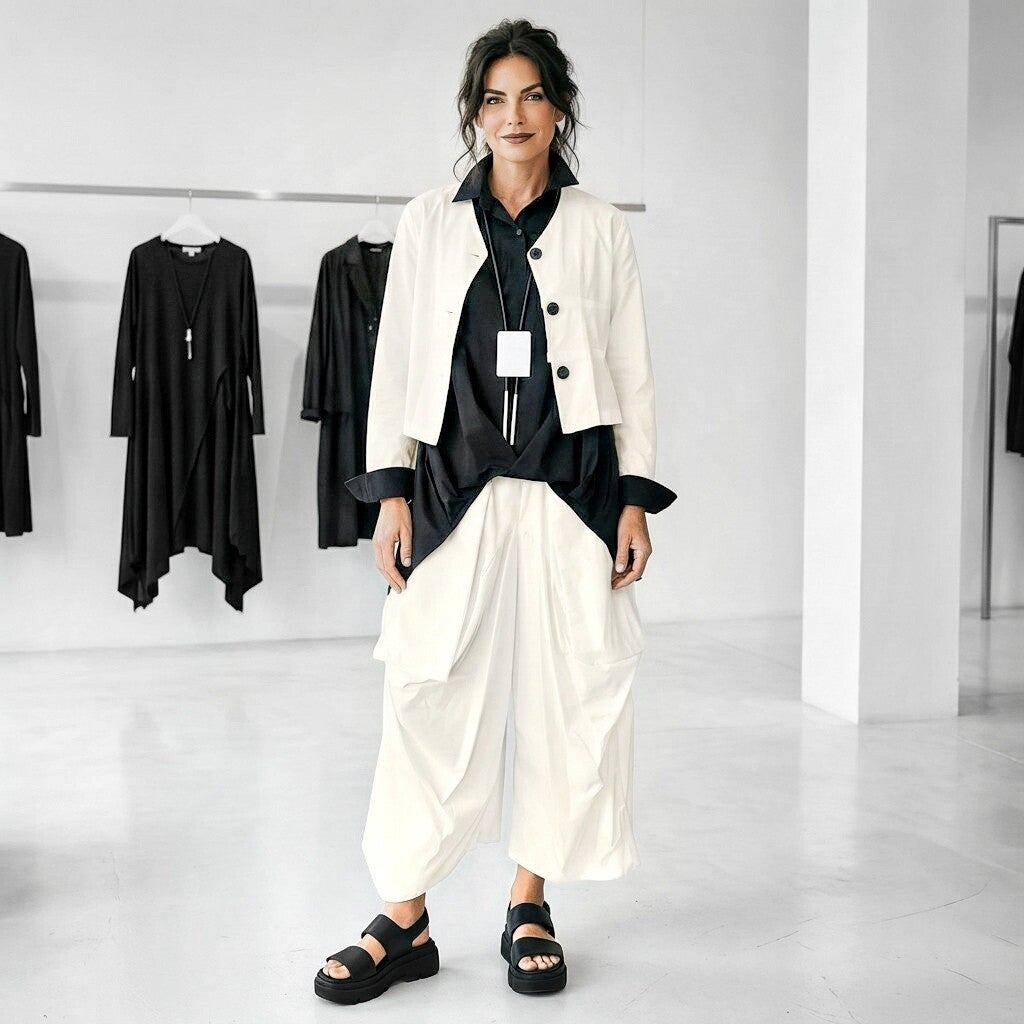 extravagante Hose mit großen Taschen in hellem ecrú