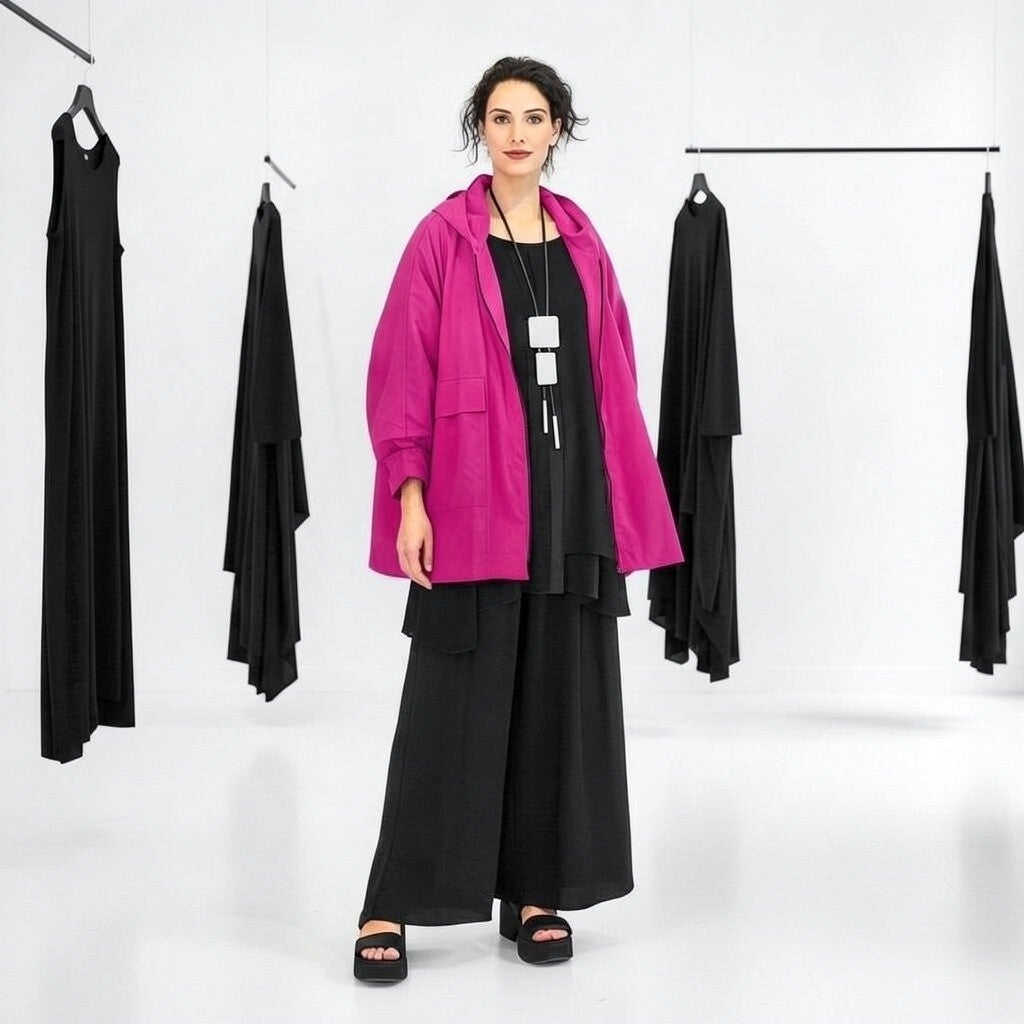 mittellange Jacke mit leichtem Innenfutter, auffälliger Tasche und Kapuze in fuchsia