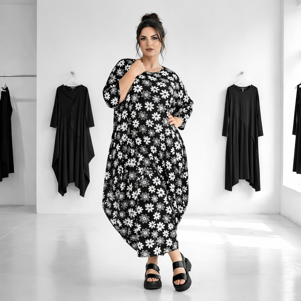 apartes Sommerkleid mit Blumendruck in schwarz-weiß