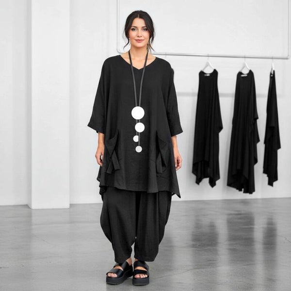 Leinen Oberteil in A-Linie und Taschen in schwarz