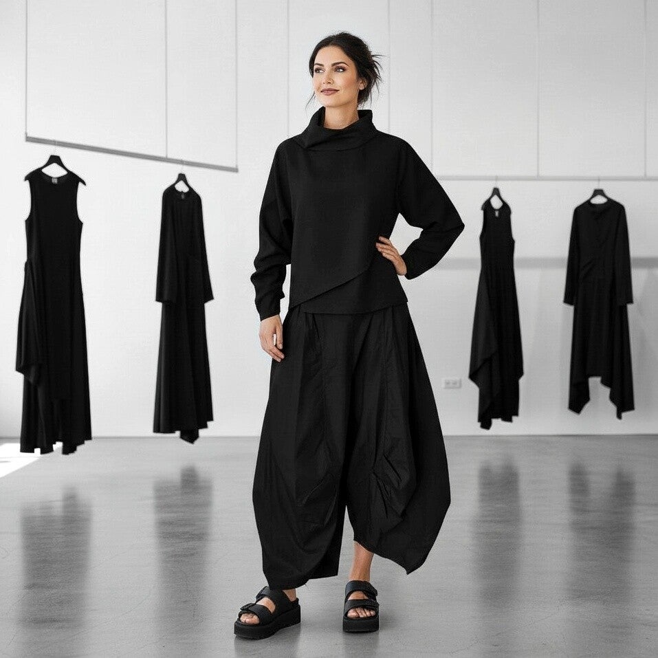 extravagante leichte Baumwoll-Hose "Yuki" in schwarz