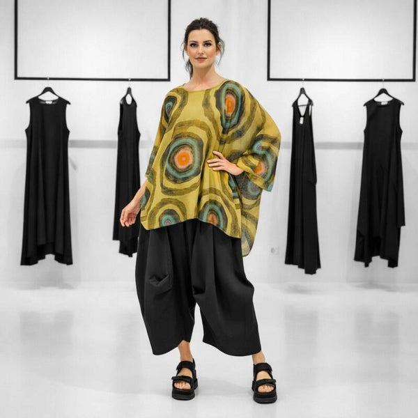 Plus-Size Oberteil in großzügiger Kastenform in multicolour senf-grün