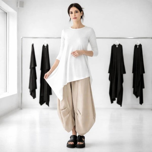 extravagante leichte Baumwoll-Hose "Yuki" mit Gummibund in sandfarben