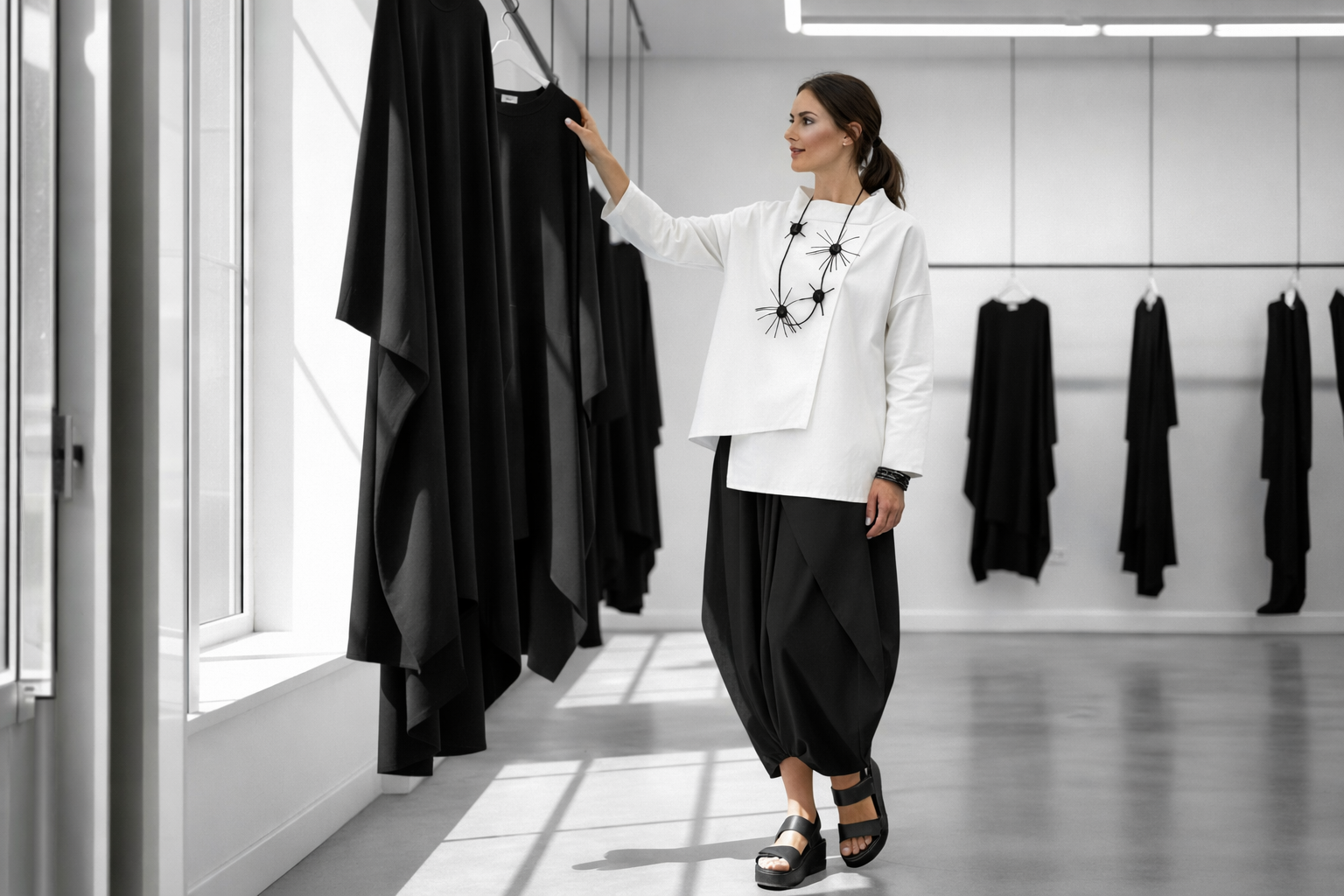 Eine attraktive Frau trägt ein weißes Oberteil und einen schwarzen Rock. Die Frau steht in in einer  Damen Boutique und sortiert schwarze Kleider, die auf hohen Kleiderständern hängen. 