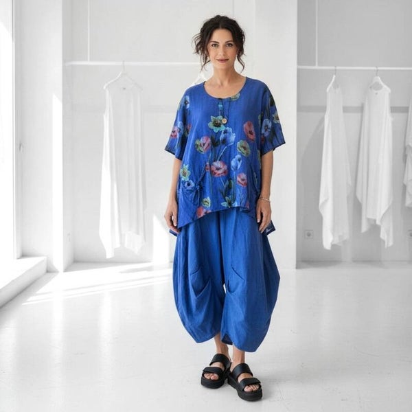 Leinen Oberteil in modischer A-Linie mit floralem Muster in royalblau