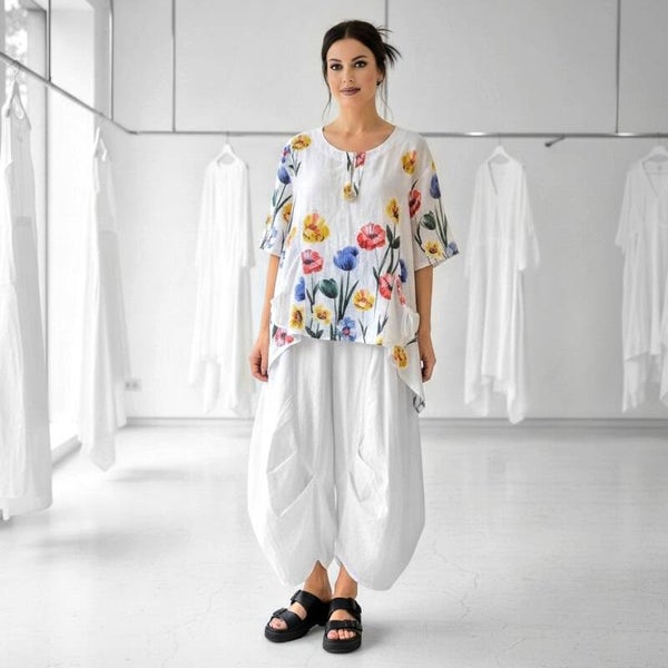 Leinen Oberteil in modischer A-Linie mit floralem Muster in weiß