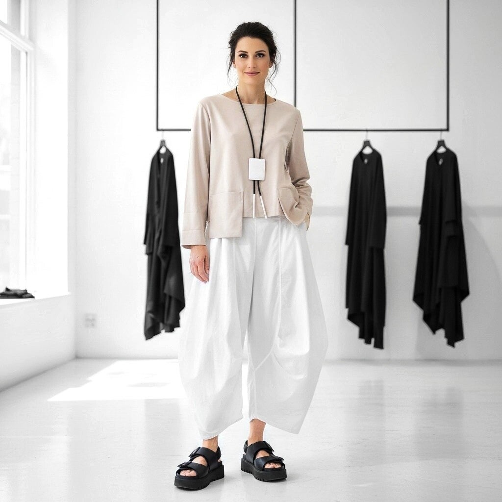 extravagante leichte Baumwoll-Hose "Yuki" mit Gummibund in weiß