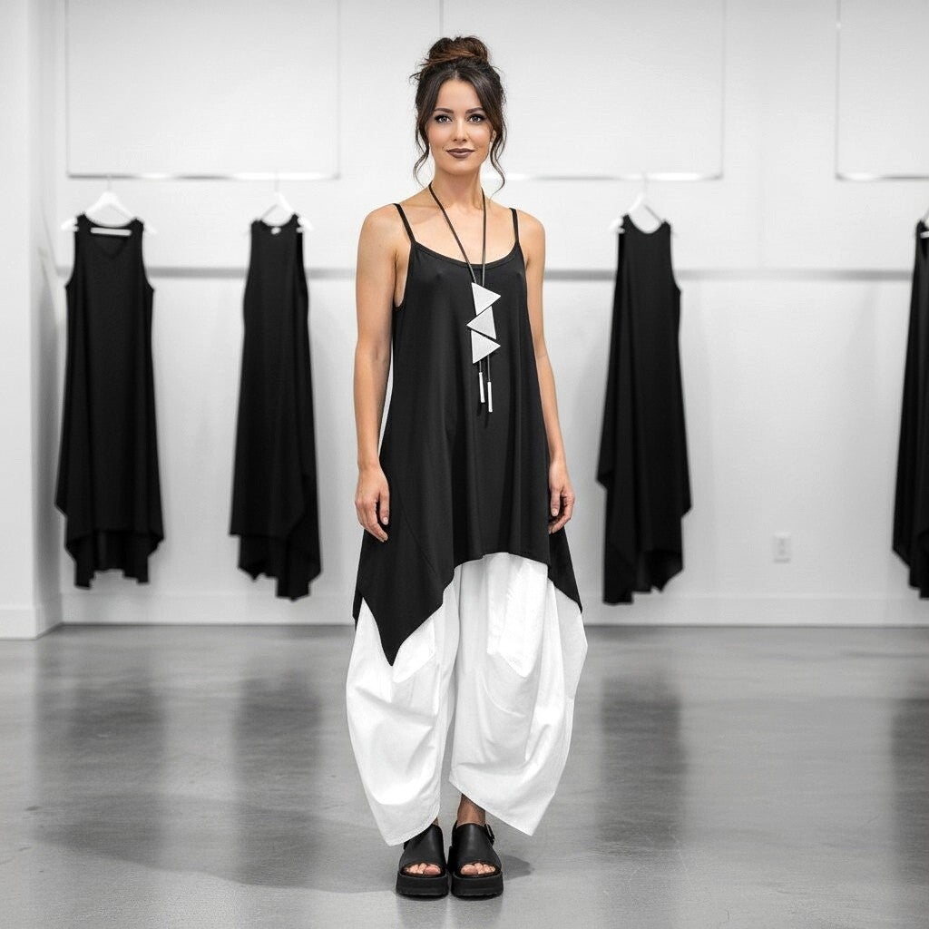 Top in A-Linie mit zipfeligem Verlauf in schwarz