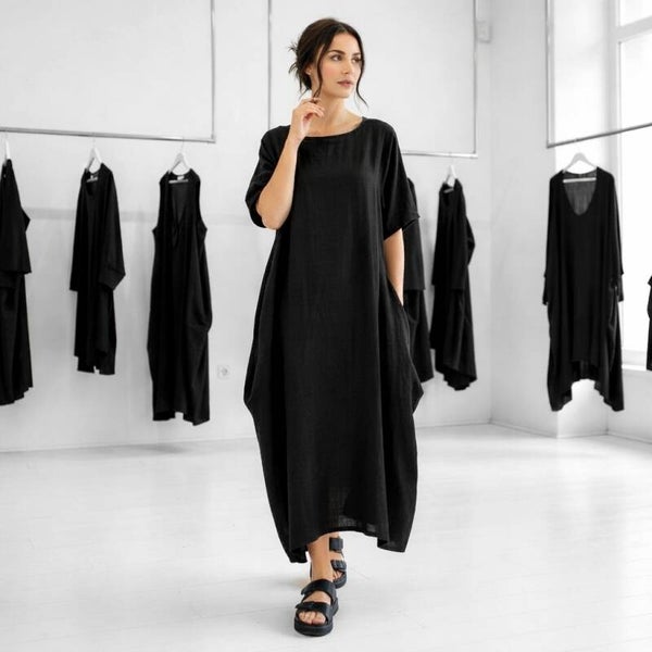 Leinen Kleid "Tayo" in gemütlicher Tulpenform in schwarz