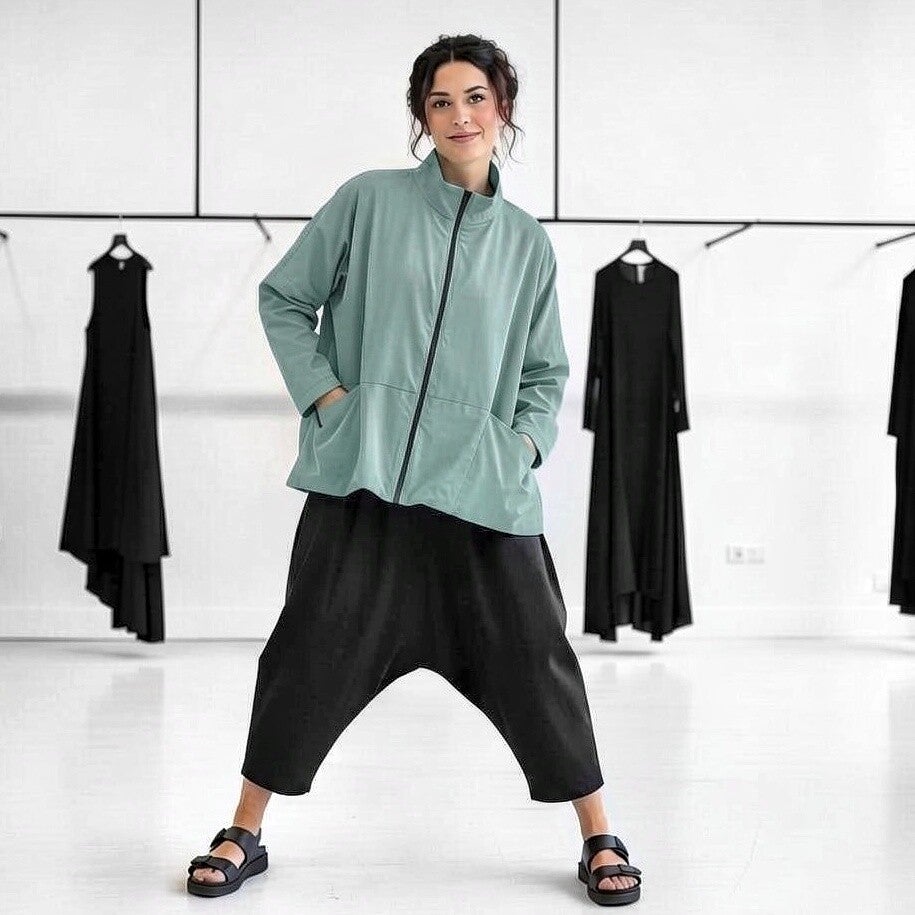 Oversized-Jacke mit leichtem Innenfutter und Stehkragen aus Memory Taft in mint