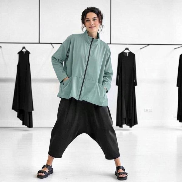 Oversized-Jacke mit leichtem Innenfutter und Stehkragen aus Memory Taft in mint