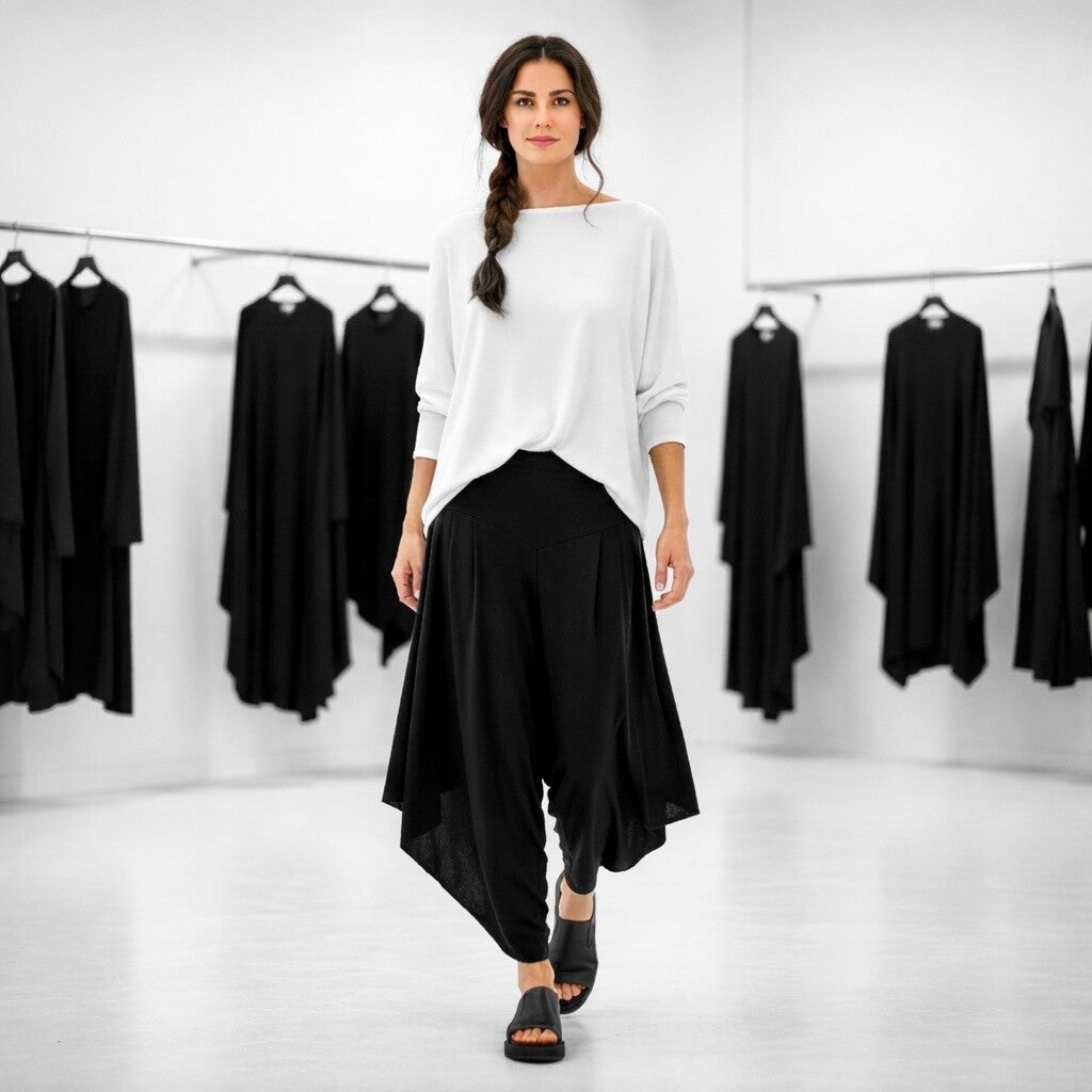 extravagante Hose mit Gummibund und seitlichen Zipfeln in schwarz