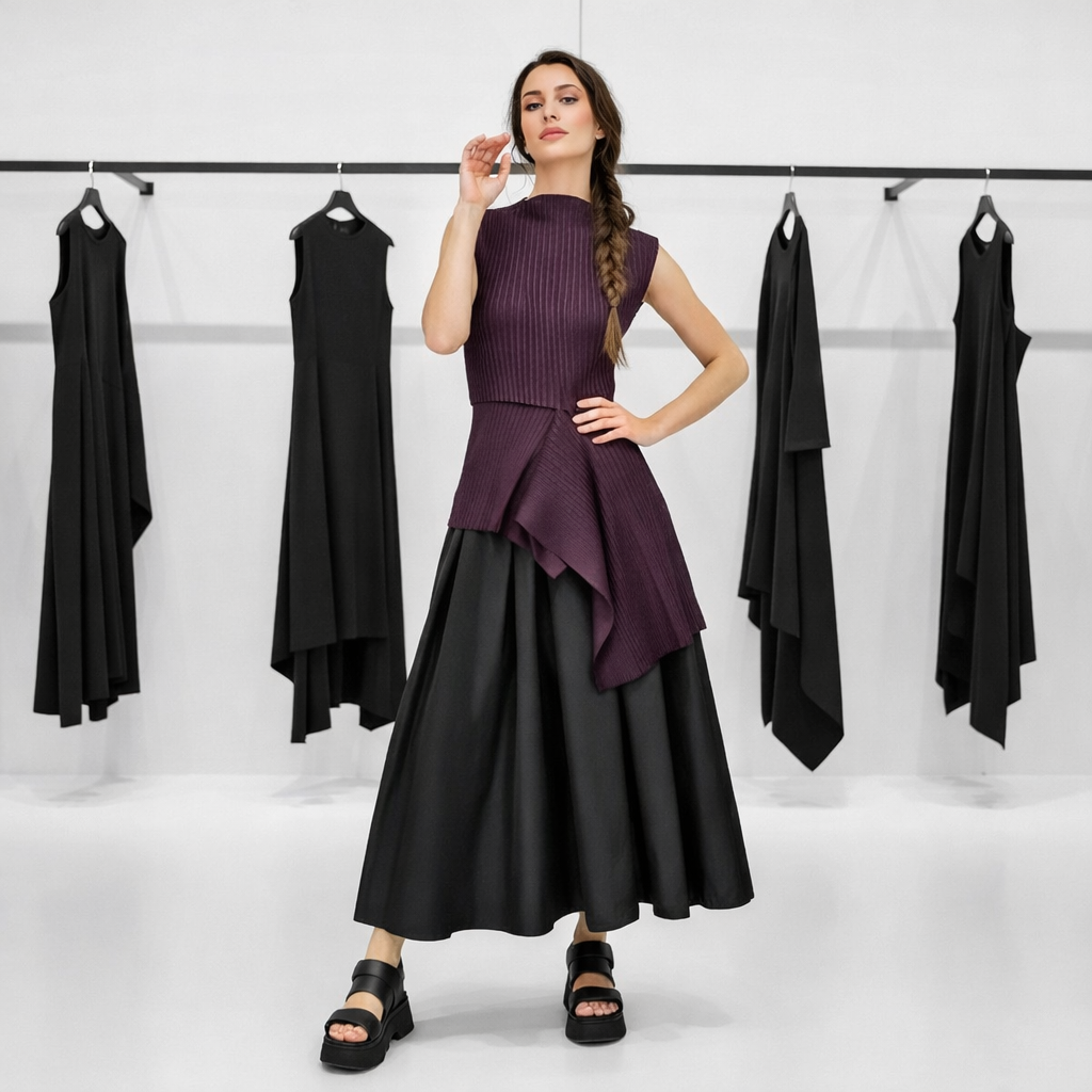 Plissee Top "Edo" mit asymmetrischem Verlauf in dunkellila