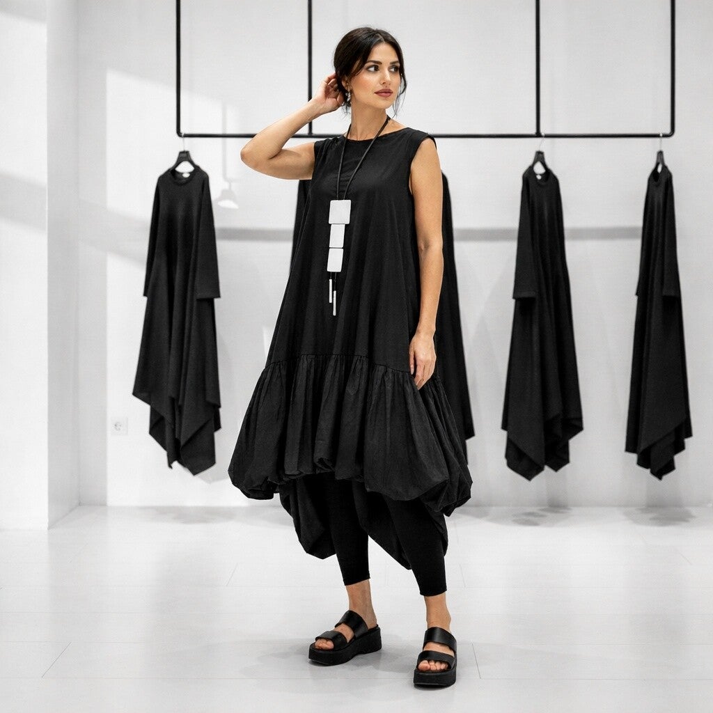 extravagantes Kleid in gebauschter Tulpenform in schwarz