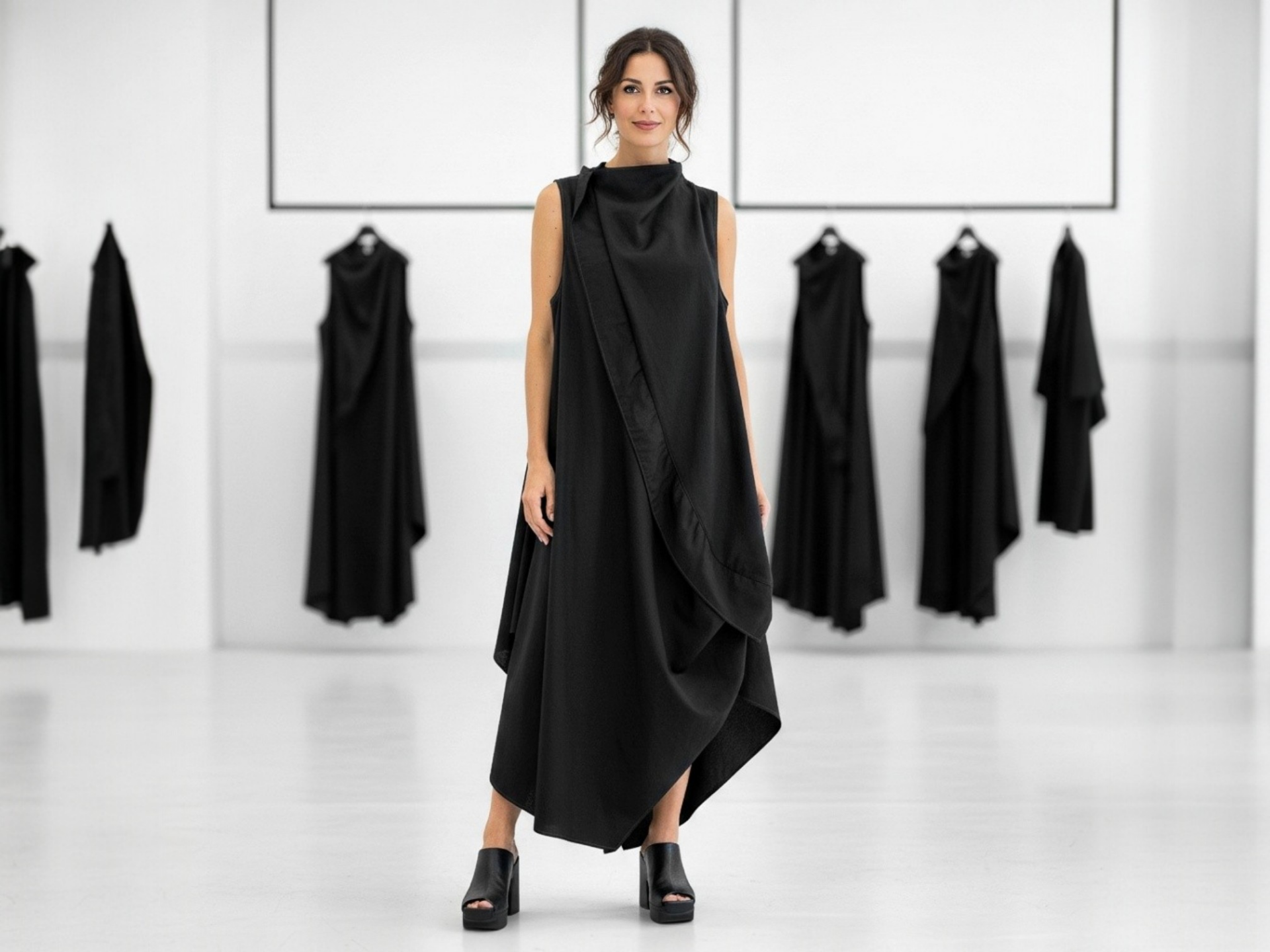 Eine hübsche Frau steht in einem avantgardistisch inspirierten schwarzen Kleid in einem exklusiven  Modegeschäft