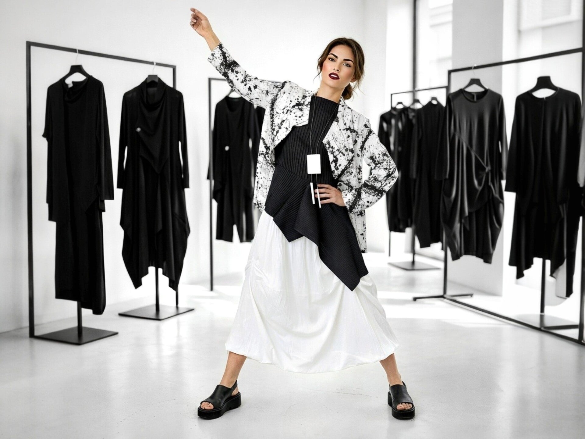 Eine sehr stilvoll gekleidete junge Frau steht erwartungsvoll in einer Boutique. Sie trägt ein sportives Outfit im modischen schwarz-weiß Look