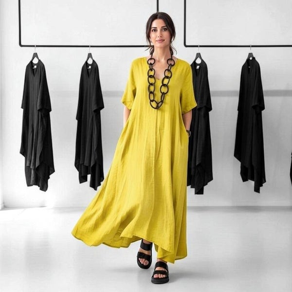 Leinen Kleid "Kytaro" in lässiger A-Linie in zitrone