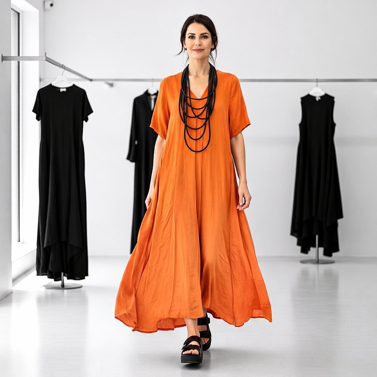 Leinen Kleid in lässiger A-Linie in orange