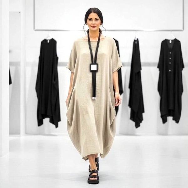 Leinen Kleid "Tayo" in gemütlicher Tulpenform in sandfarben