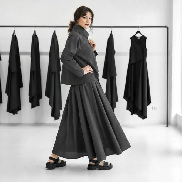 eleganter Taft-Rock "Aoki" mit Gummibund und Bindegürtel in graphit