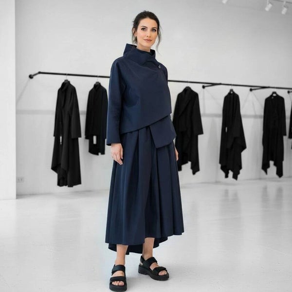 eleganter Taft Rock "Aoki" mit Gummibund und Bindegürtel in mitternachtsblau