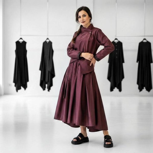 eleganter Taft Rock "Aoki" mit Gummibund und Bindegürtel in aubergine