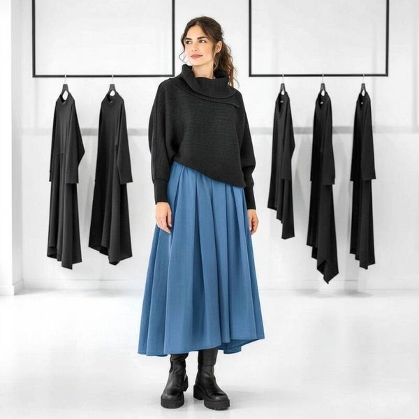 eleganter Taft Rock "Aoki" mit komfortablem Gummibund und Bindegürtel in mittelblau