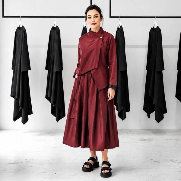 eleganter Taft Rock "Aoki" mit komfortablem Gummibund und Bindegürtel in bordeaux