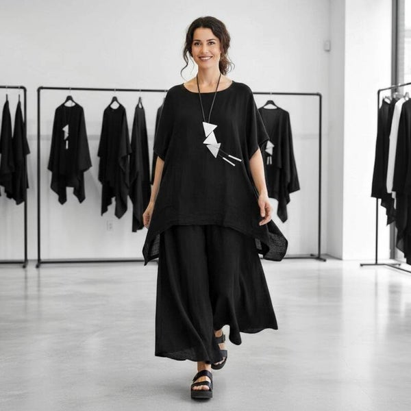 Leinen Hose mit Gummibund und weitem Bein in schwarz