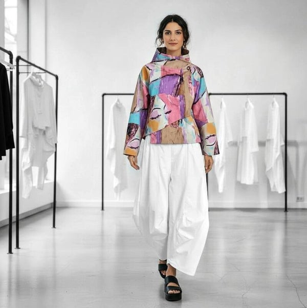 extravagante Jacke "Ikuto" mit Stehkragen und seitlichem Knopf in multicolour-hellpink