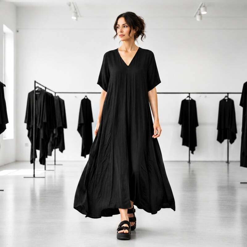 Ein elegantes Model präsentiert ein weit geschnittenes, schwarzes Leinenkleid in modischer A Linie und V Ausschnitt