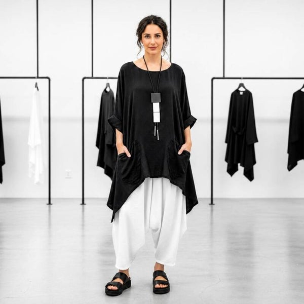 Leinen Oberteil "Stella" in Plus-Size mit Taschen in schwarz