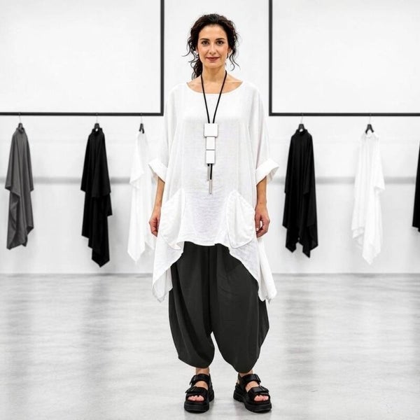Leinen Oberteil "Stella" in Plus-Size mit Taschen in weiß