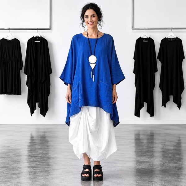 Leinen Oberteil "Stella" in Plus-Size mit Taschen in royalblau
