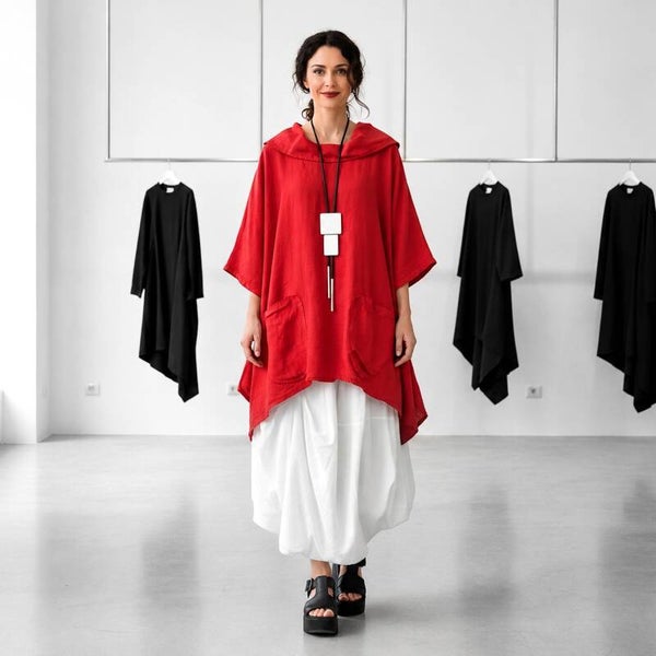 Leinen Oberteil "Ella" in Plus-Size mit Taschen und Kragen in rot
