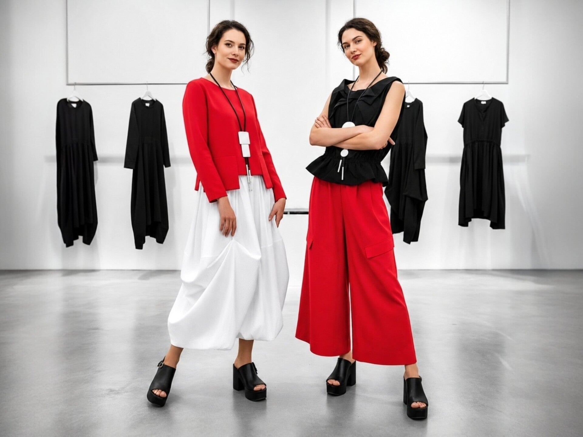 Eine Frau, in edler avantgardistischer, schwarzer Kleidung sitzt in extravaganter Pose auf einem weißen Sockel in einer noblen Boutique 