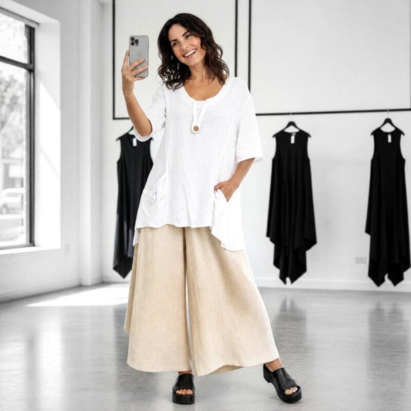 Leinen Hose "Yara" mit Gummibund und weitem Bein in sandfarben