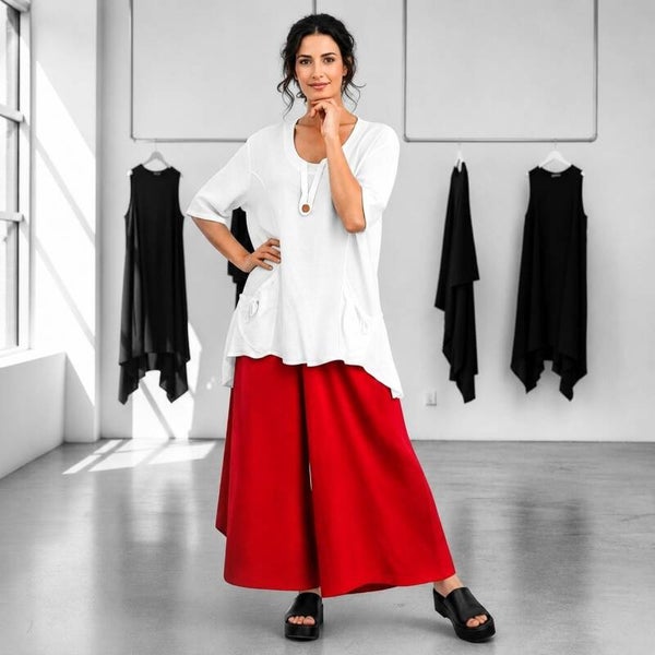 Leinen Hose "Yara" mit Gummibund und weitem Bein in rot
