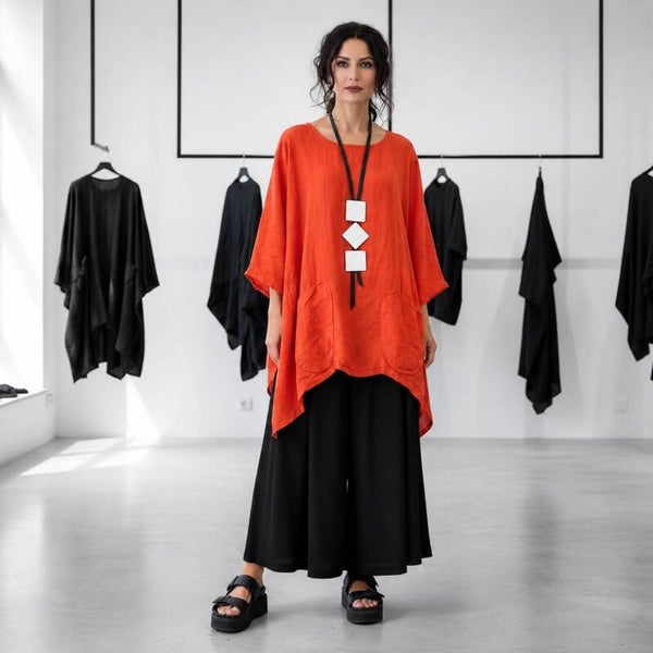 Leinen Oberteil "Stella" in Plus-Size mit Taschen in orange