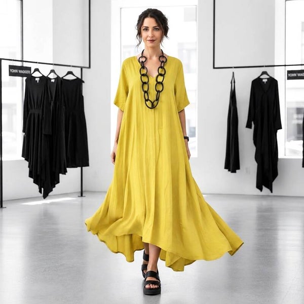Leinen Kleid "Kytaro" in lässiger A-Linie in zitrone