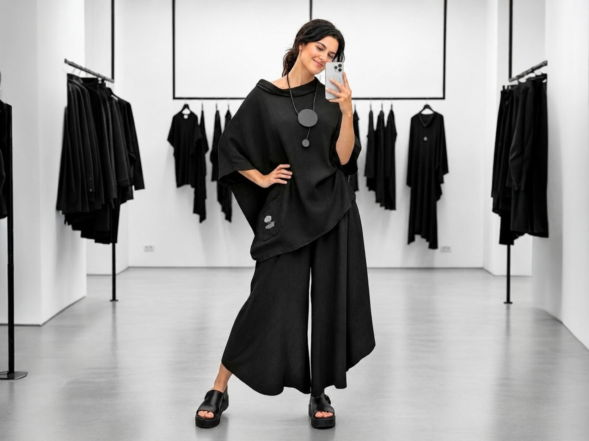 Eine junge, hübsche Frau steht in extravaganter Model Pose in einem Modegeschäft und präsentiert ein edles Outfit in schwarz.