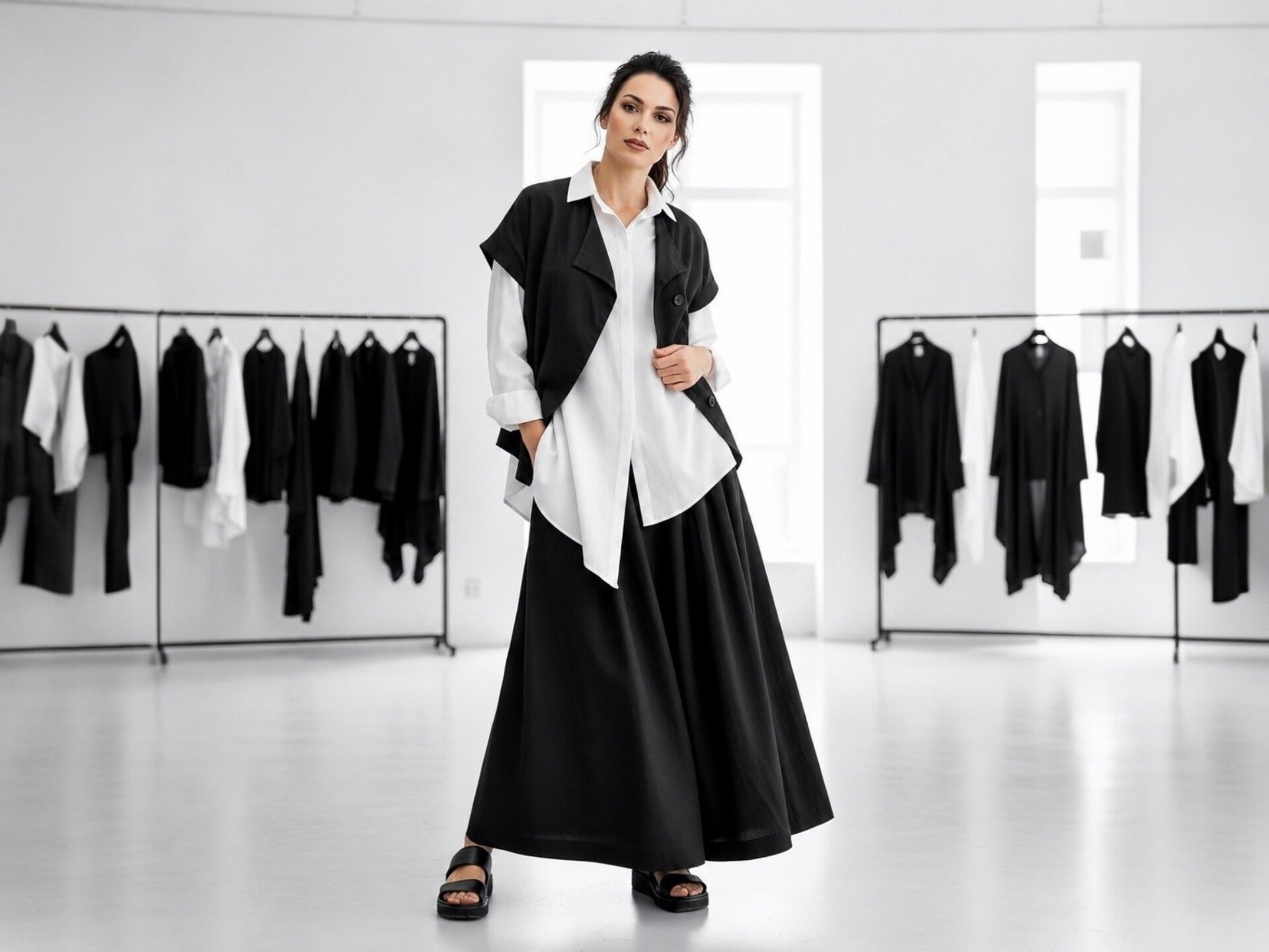 Eine hübsche Frau steht in einem avantgardistisch inspirierten schwarzen Kleid in einem exklusiven  Modegeschäft