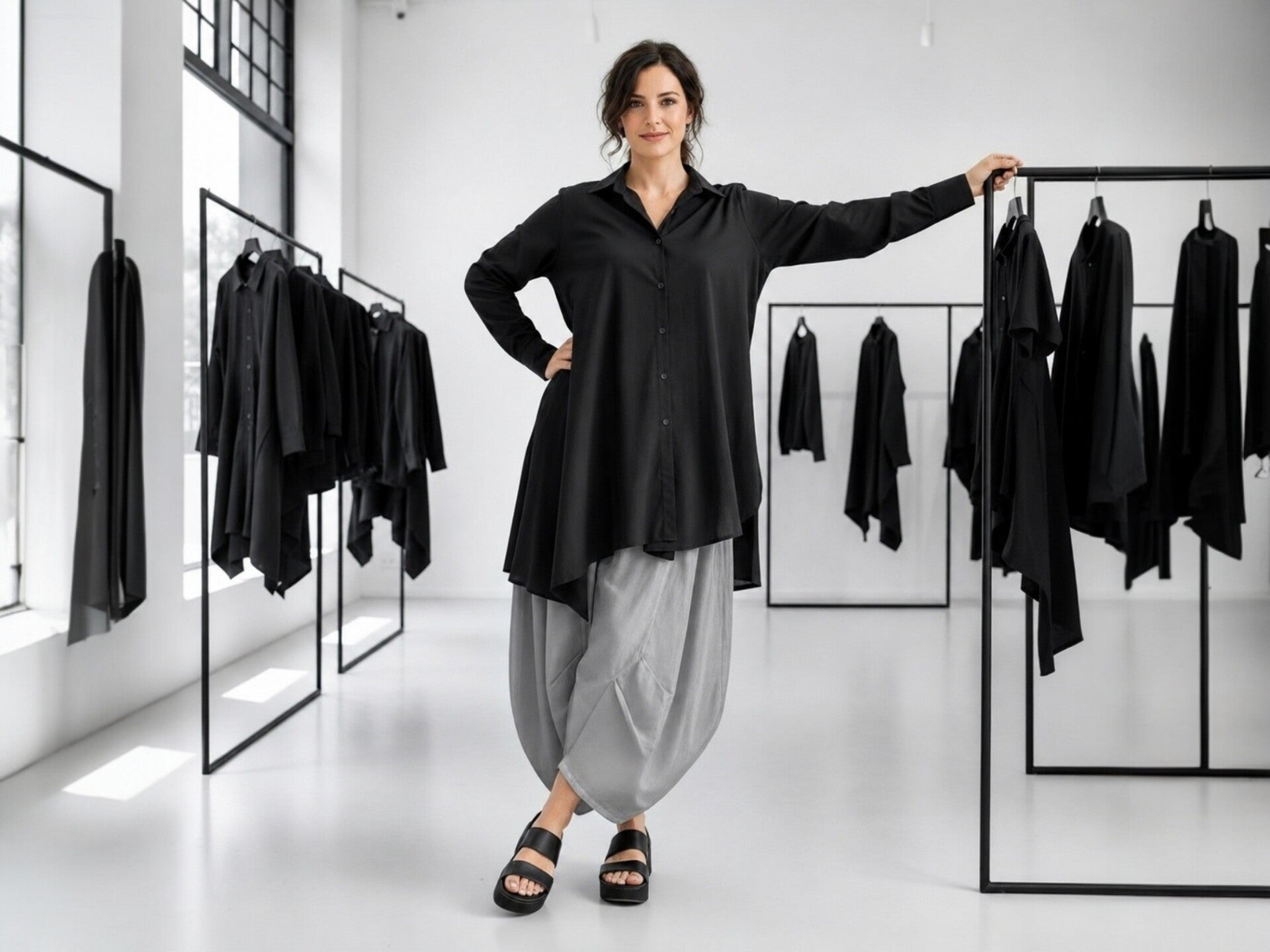 Ein Model präsentiert ein stylishes Sommer Outfit bestehend aus einer schwarzen asymmetrischen Bluse und einer silbergrauen weiten Ballonhose in extravaganter Schnittführung