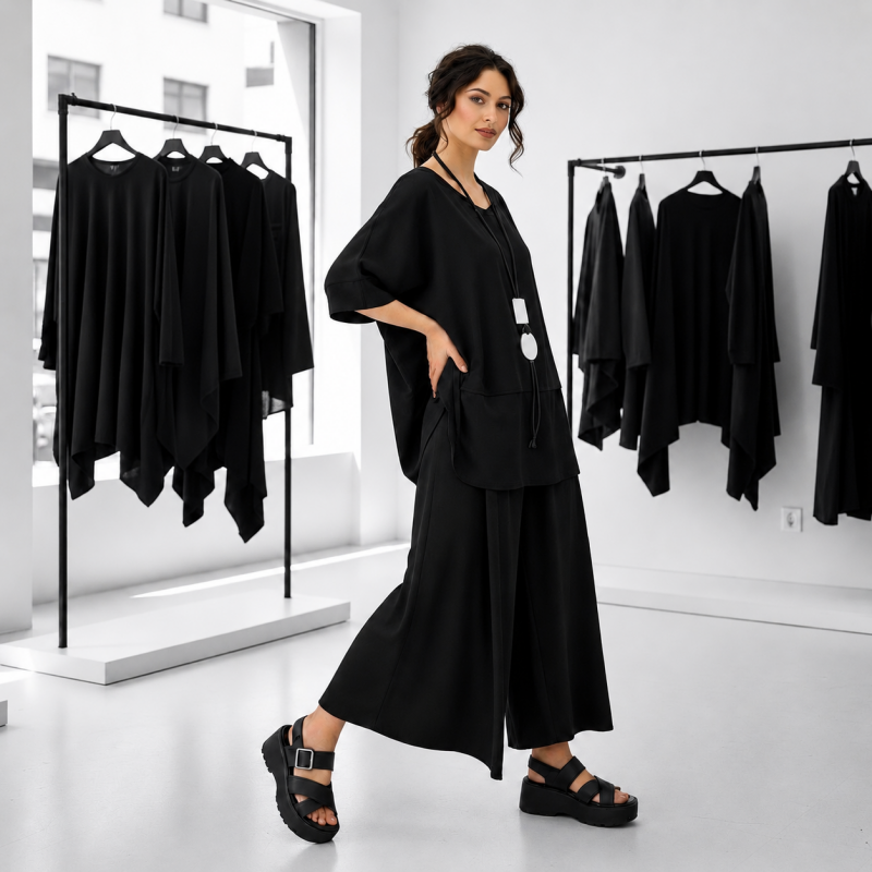 Ein Model trägt eine luftig und weit geschnittene, schwarze Kombination im modischen oversize Look