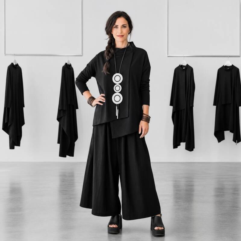 Ein Model präsentiert ein schickes, schwarzes Outfit bestehend aus einer weiten Marlene Hose und einem asymmetrischen Oberteil