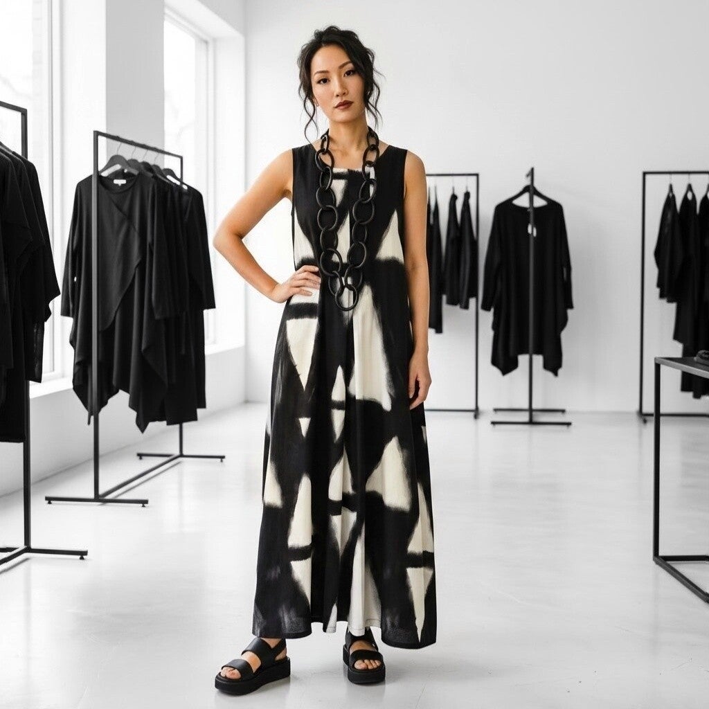 Kleid in modischer A-Linie in schwarz-ecrú-braun gemustert