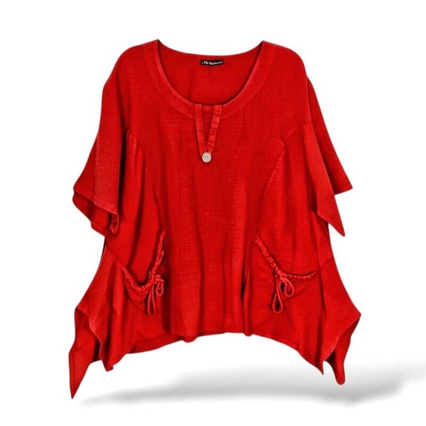 Leinen Oberteil "Lita" in A-Linie mit Ziertäschchen in rot