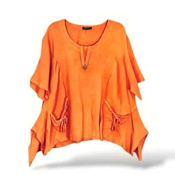 Leinen Oberteil "Lita" in A-Linie mit Ziertäschchen in orange